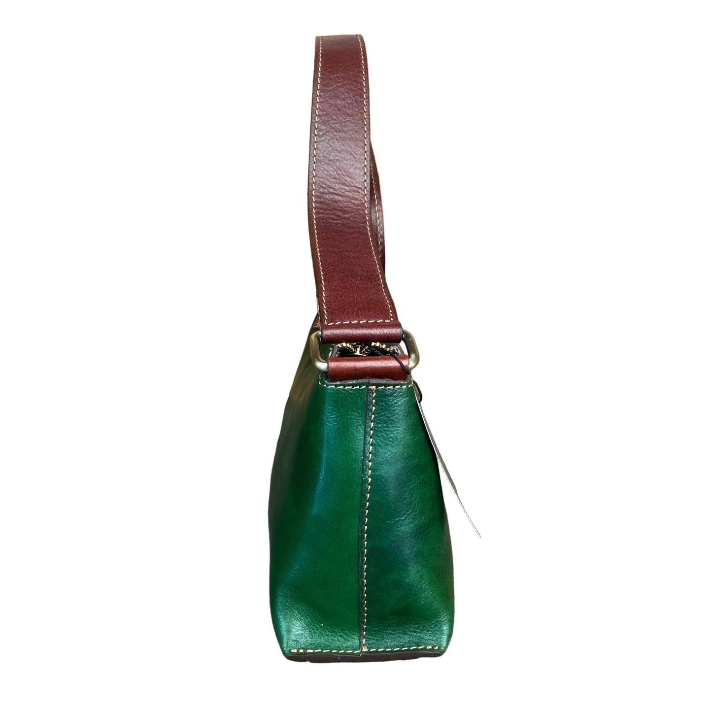 profilo lato larghezza minerva borsa da donna borsa a spalla in pelle verde e marrone fatta a mano in cuoio made in italy cuoieria italiana
