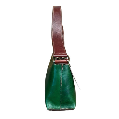 profilo lato larghezza minerva borsa da donna borsa a spalla in pelle verde e marrone fatta a mano in cuoio made in italy cuoieria italiana