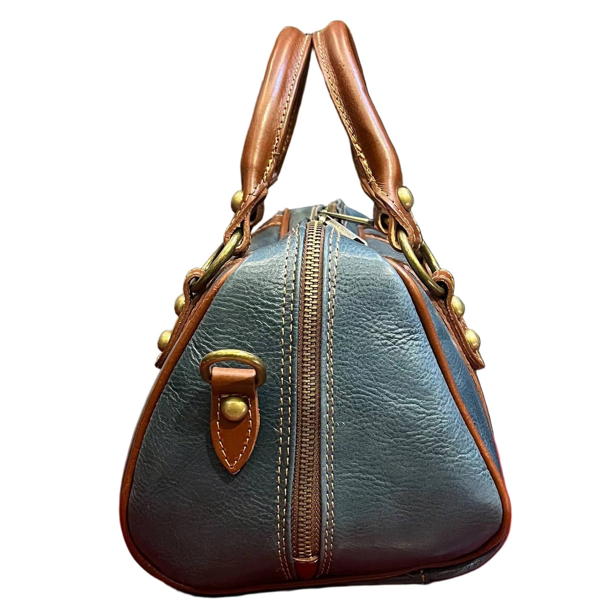profilo lato larghezza nettuno borsa a bauletto in pelle avio e marrone da donna borsa fatta a mano in cuoio made in italy cuoieria italiana