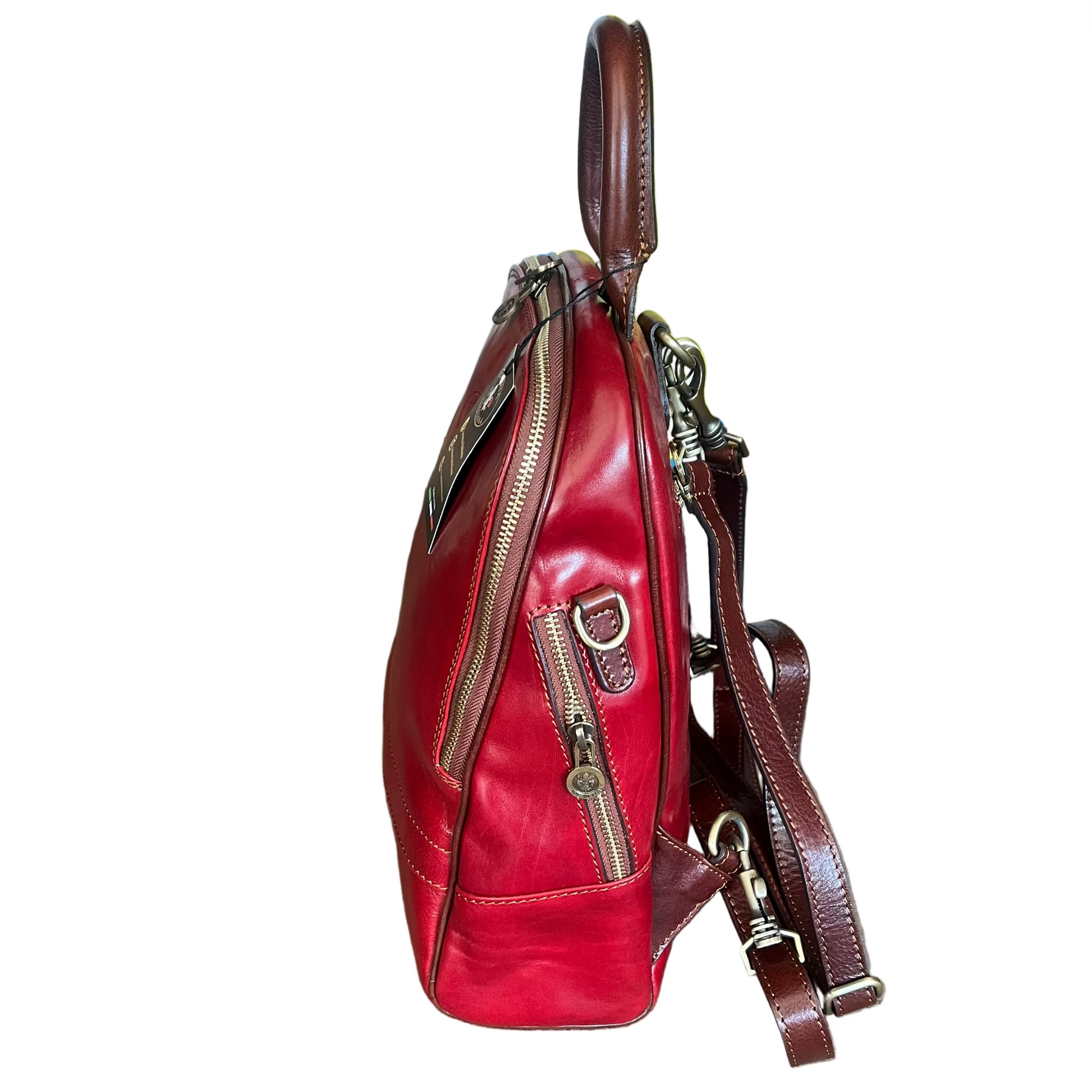 profilo lato larghezza reporter zaino medio compatto in pelle rosso e marrone borsa trasformabile a tracolla in cuoio made in italy cuoieria italiana