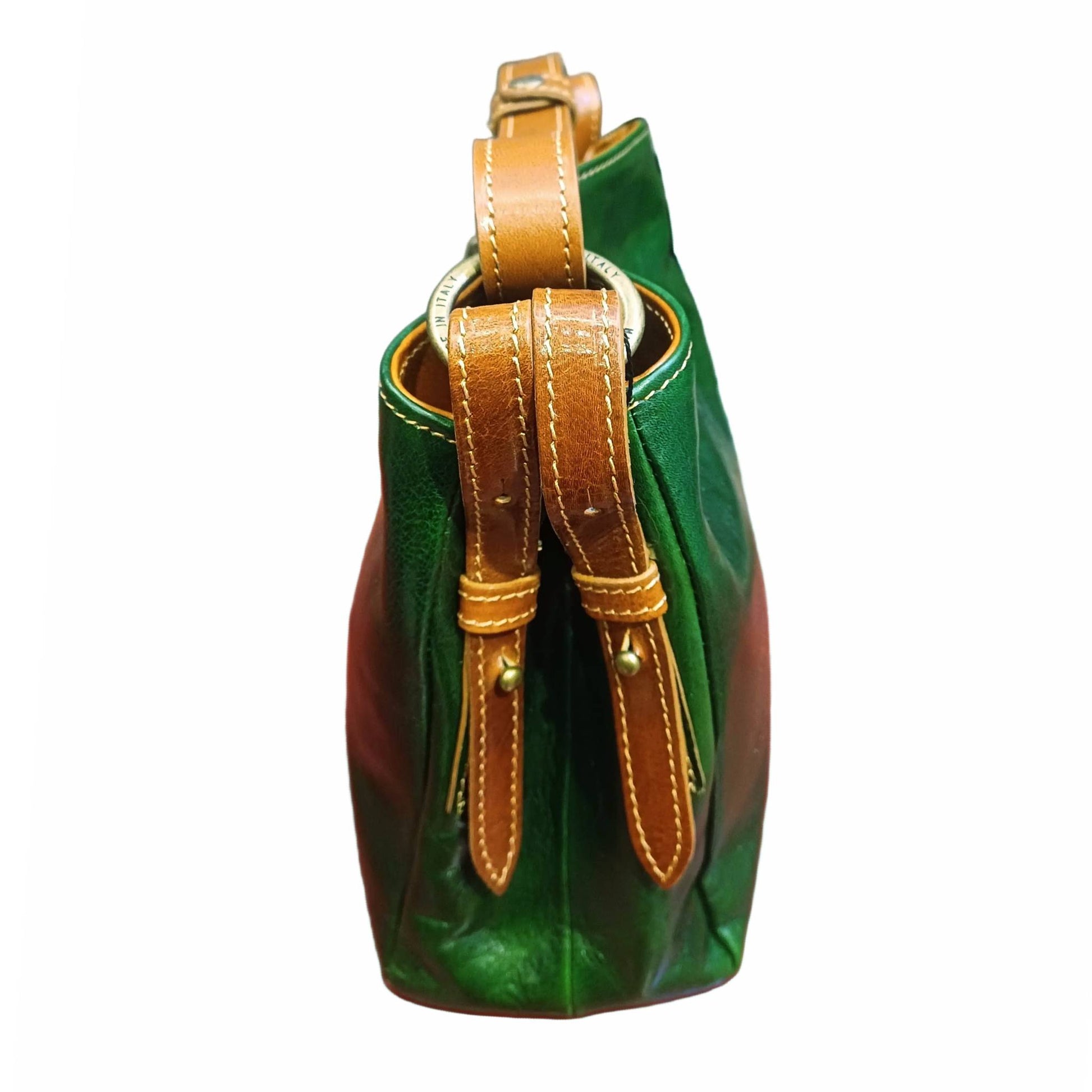 profilo lato larghezza shopper piccola in cuoio verde e cuoio da donna borsa in pelle made in italy cuoieria italiana