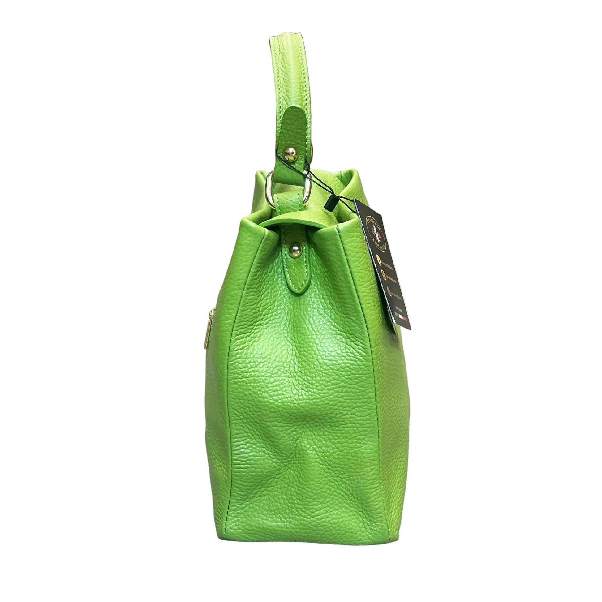 profilo lato larghezza stellaris morbida borsa a tracolla in pelle verde mela da donna artigianale made in italy cuoieria italiana