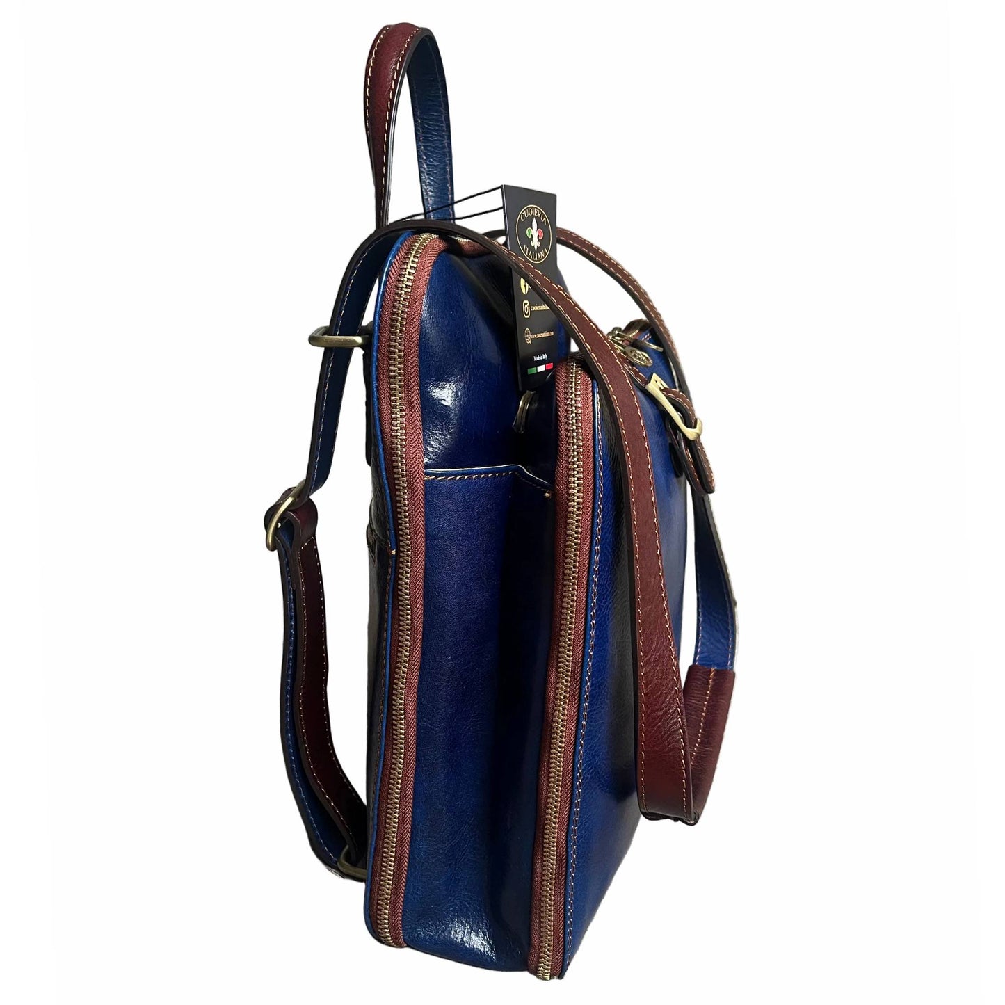 profilo lato larghezza zaino a triplo scomparto in pelle blue navy e marrone zaino uomo donna made in italy cuoieria italiana