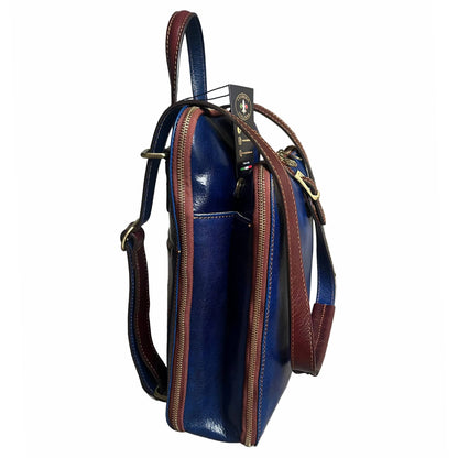 profilo lato larghezza zaino a triplo scomparto in pelle blue navy e marrone zaino uomo donna made in italy cuoieria italiana