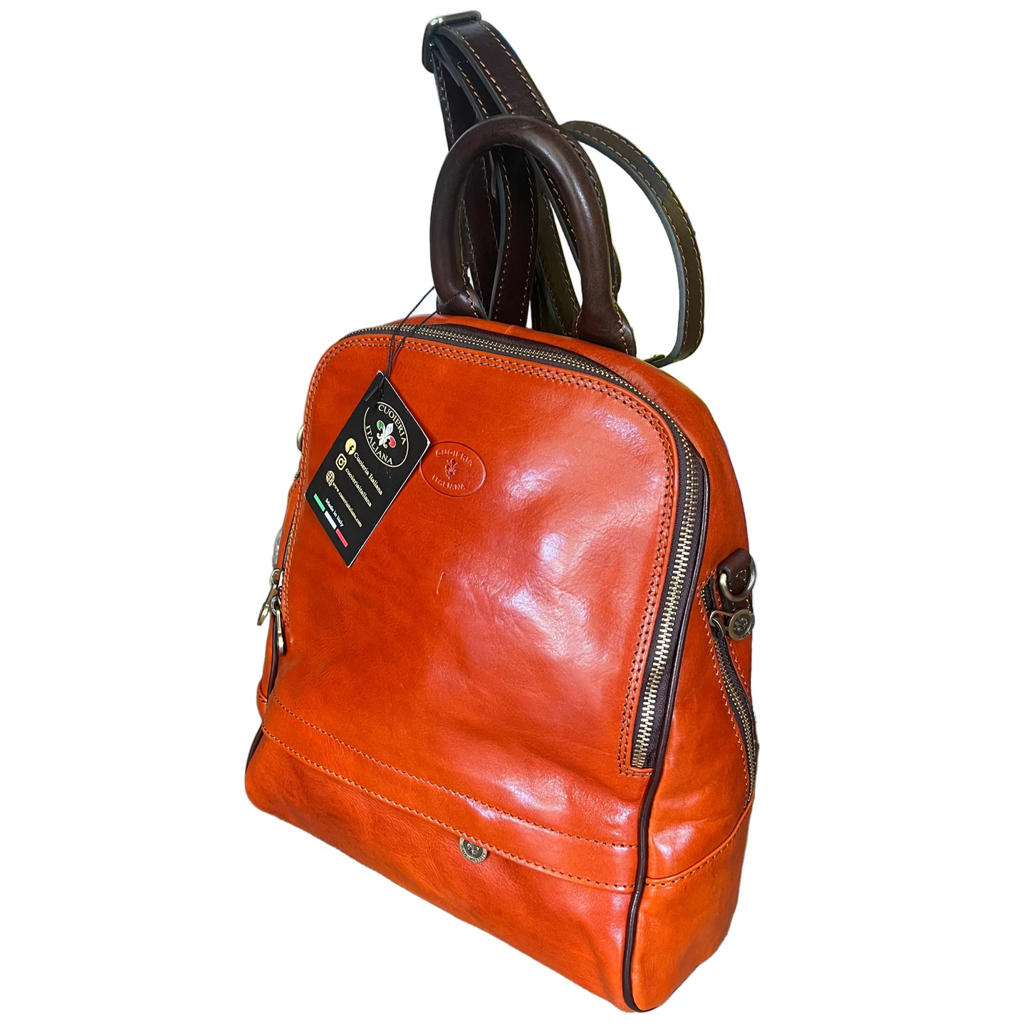 reporter zaino medio compatto in pelle arancione e testa di moro borsa trasformabile a tracolla in cuoio made in italy cuoieria italiana