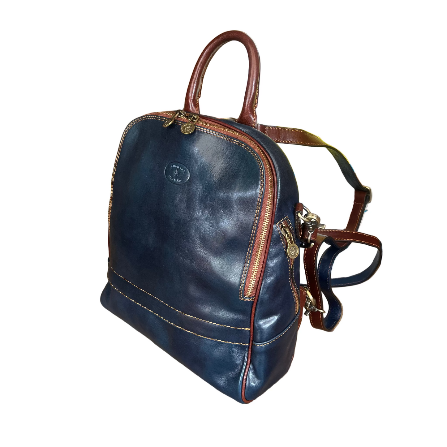 reporter zaino medio compatto in pelle blue navy e marrone borsa trasformabile a tracolla in cuoio made in italy cuoieria italiana