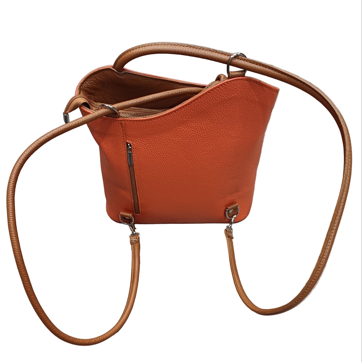 retro a zaino borsa zaino nodo in pelle arancio e marrone vitello martellato made in italy cuoieria italiana