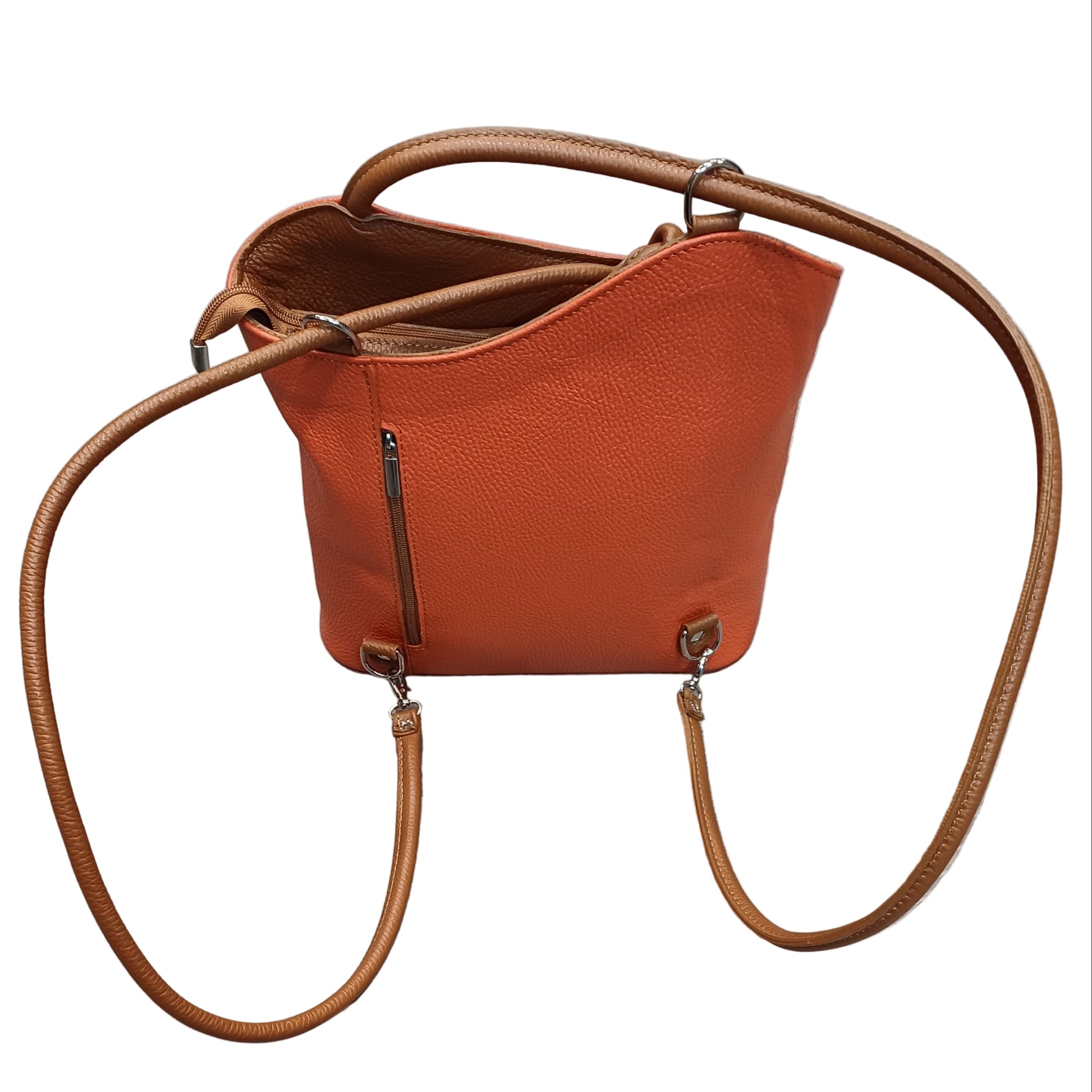 retro a zaino borsa zaino nodo in pelle arancio e marrone vitello martellato made in italy cuoieria italiana