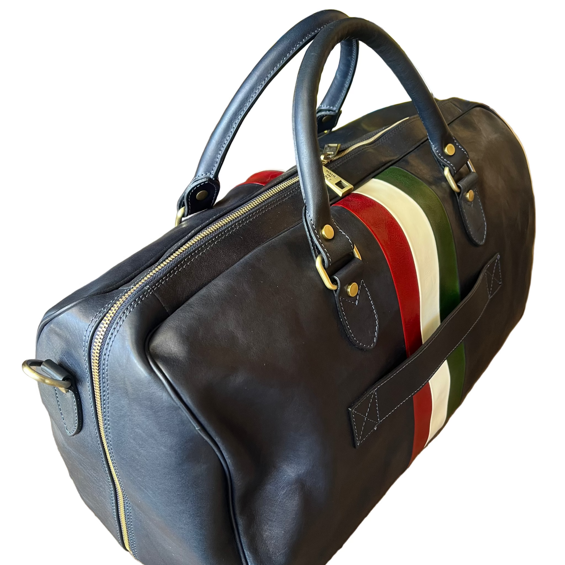 retro e attacco trolley valigia borsone in pelle blu navy opaco con tricolore bagaglio a mano artigianale made in italy cuoieria italiana