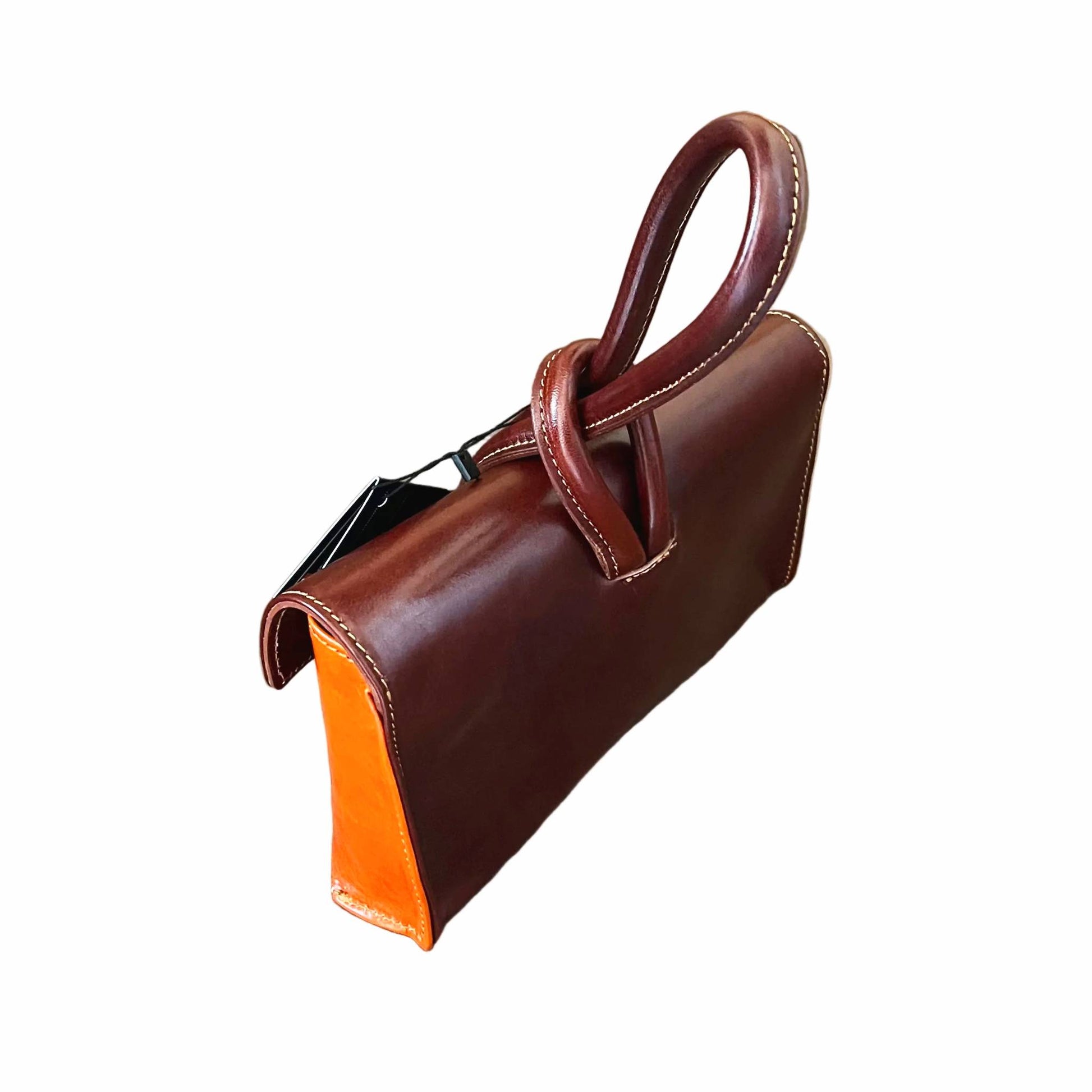 retro fiocco pochette borsetta a tracolla in pelle arancione e marrone made in italy cuoieria italiana