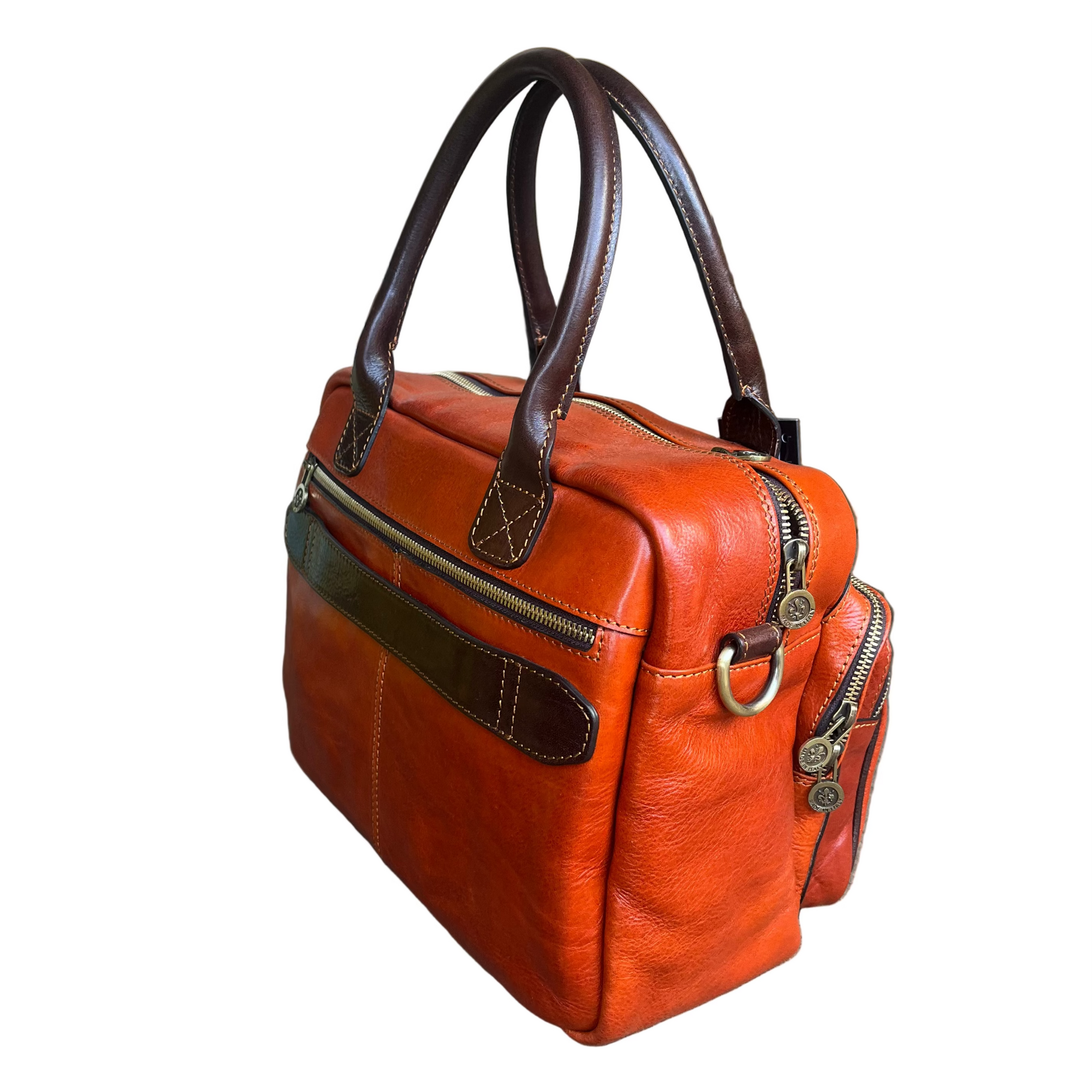 retro testuggine borsa cartella arancione da lavoro compatta in pelle artigianale made in italy cuoieria italiana