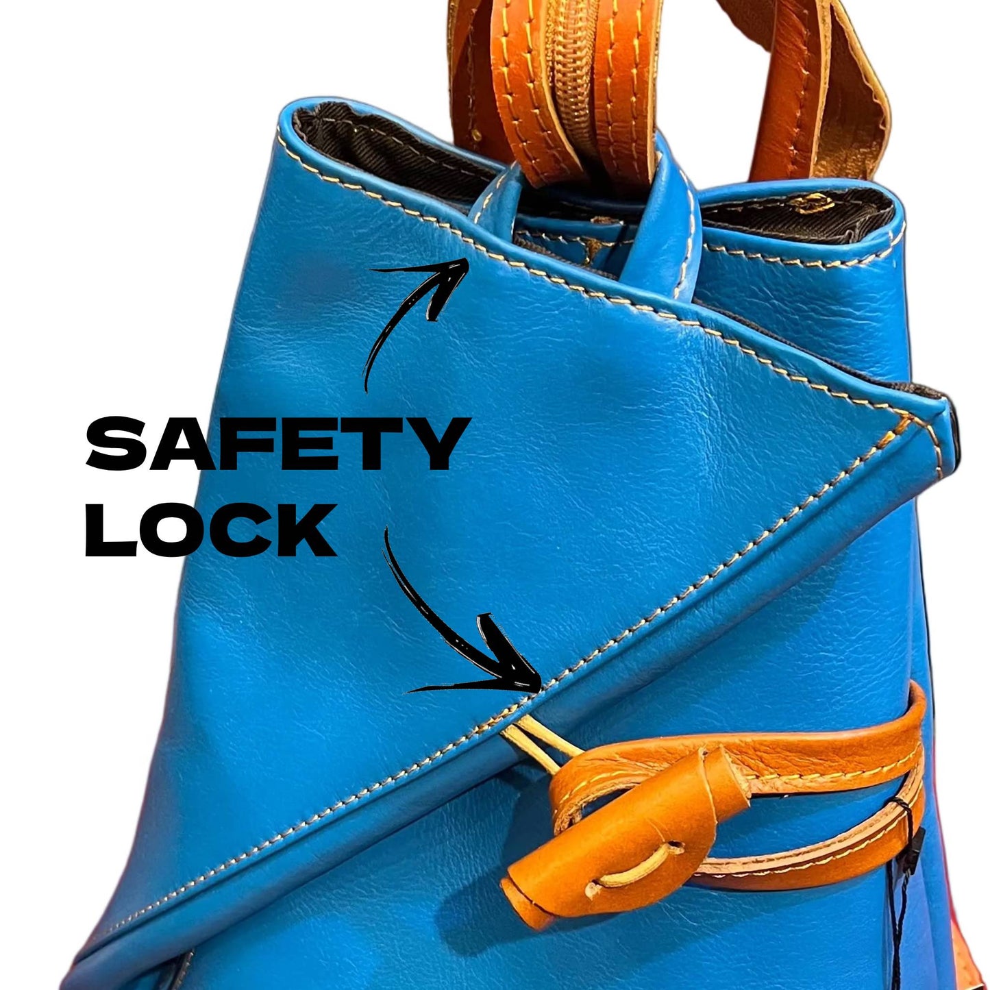 safety lock zaino spallone da donna in vera pelle turchese e tinta cuoio naturale borsa fatta a mano in cuoio made in italy cuoieria italiana
