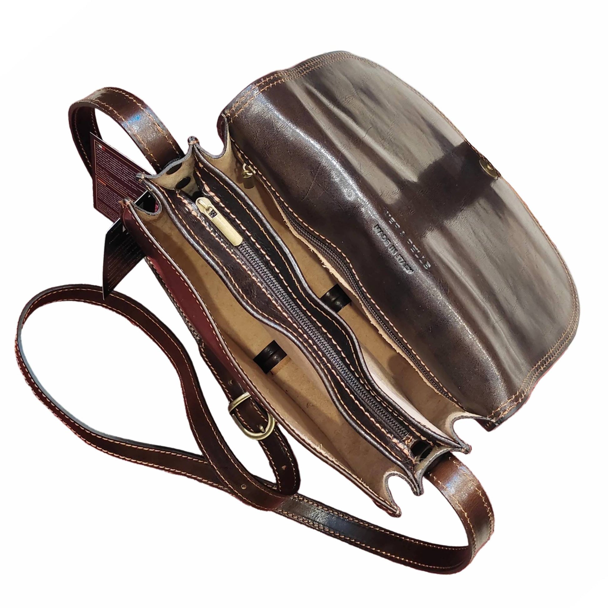 scomparti e tasche eden borsa postino a tracolla in pelle marrone testa di moro da donna made in italy cuoieria italiana