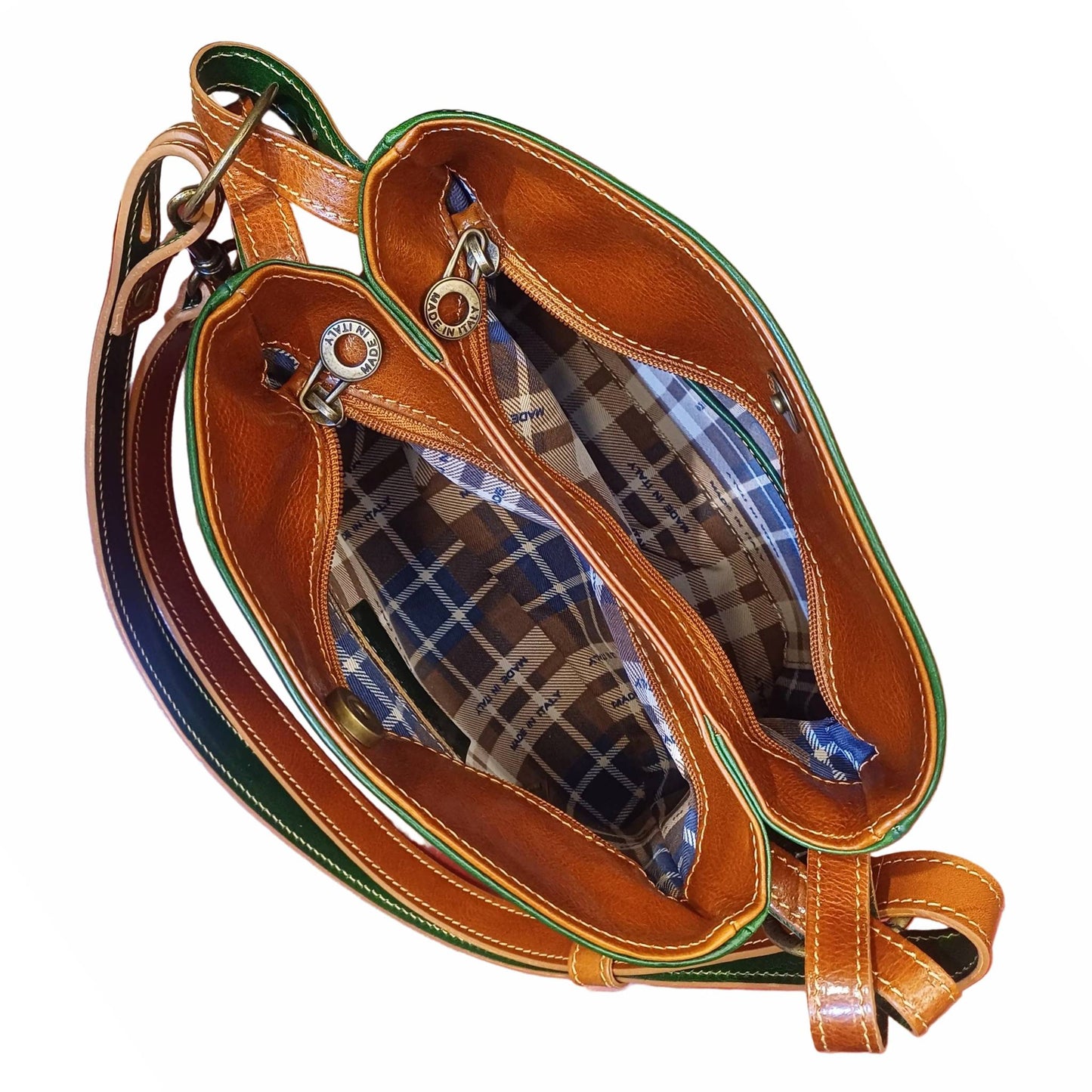 scomparti interni e tasche shopper piccola in cuoio verde e cuoio da donna borsa in pelle made in italy cuoieria italiana