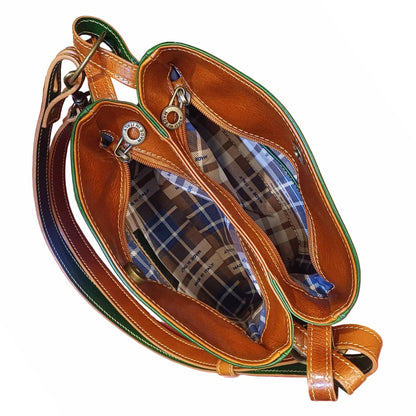 scomparti interni e tasche shopper piccola in cuoio verde e cuoio da donna borsa in pelle made in italy cuoieria italiana