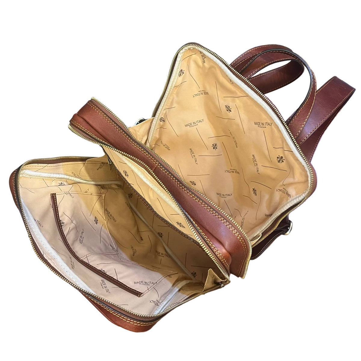 scomparti interno e tasche deimos zaino porta pc in pelle marrone mogano zaino compatto fatto a mano in cuoio made in italy cuoieria italiana®