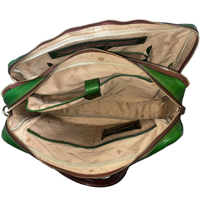scomparto computer pc fenix cartella in pelle verde e marrone borsa porta computer a doppio scomparto made in Italy cuoieria italiana