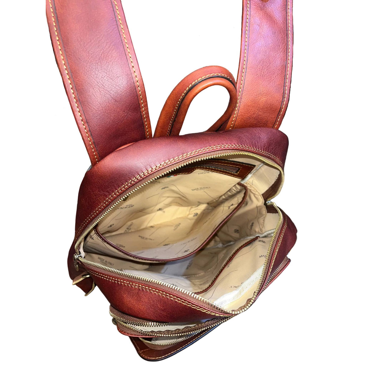 scomparto imbottito e protetto sagittarius zaino grande espandibile in pelle marrone mogano borsa in cuoio fatta a mano made in italy cuoieria italiana®