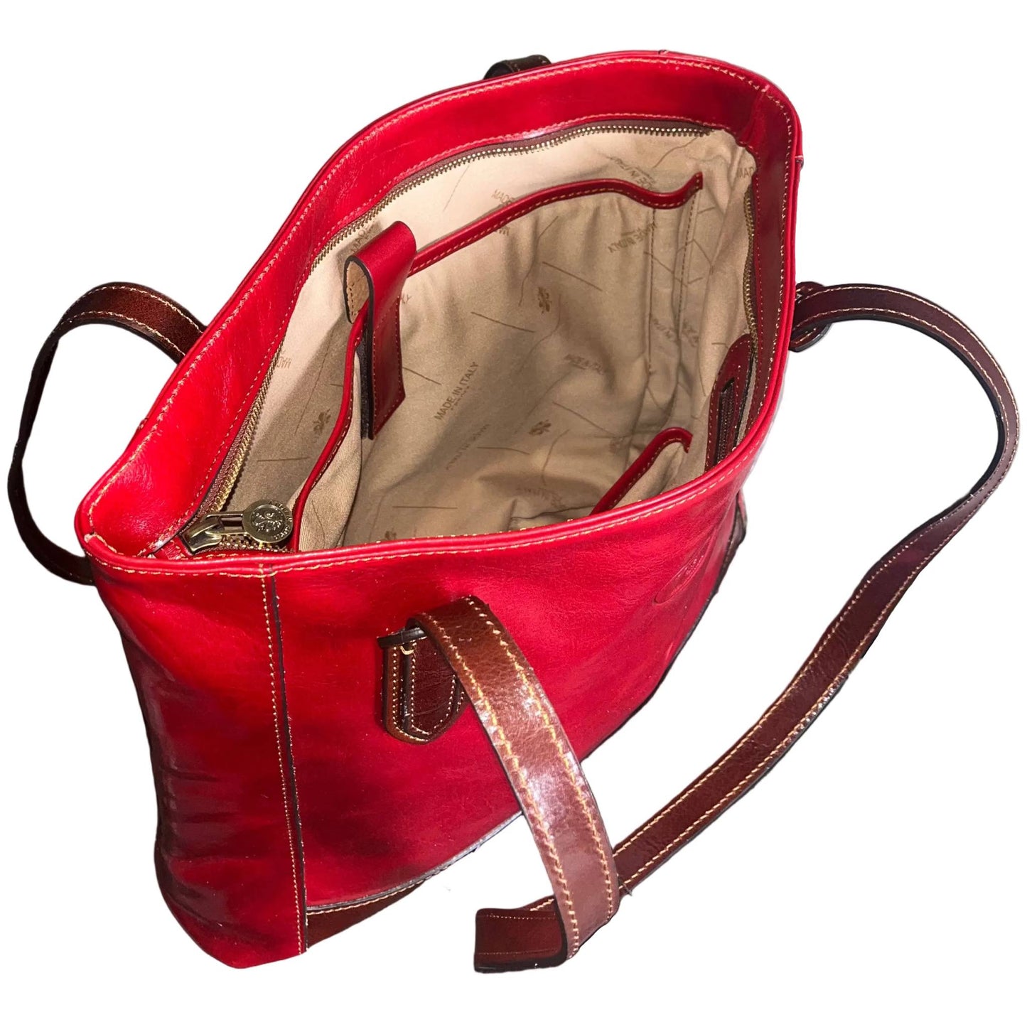 scomparto pc laptop artemis shopper in pelle rossa e marrone da donna porta computer borsa in cuoio made in italy cuoieria italiana