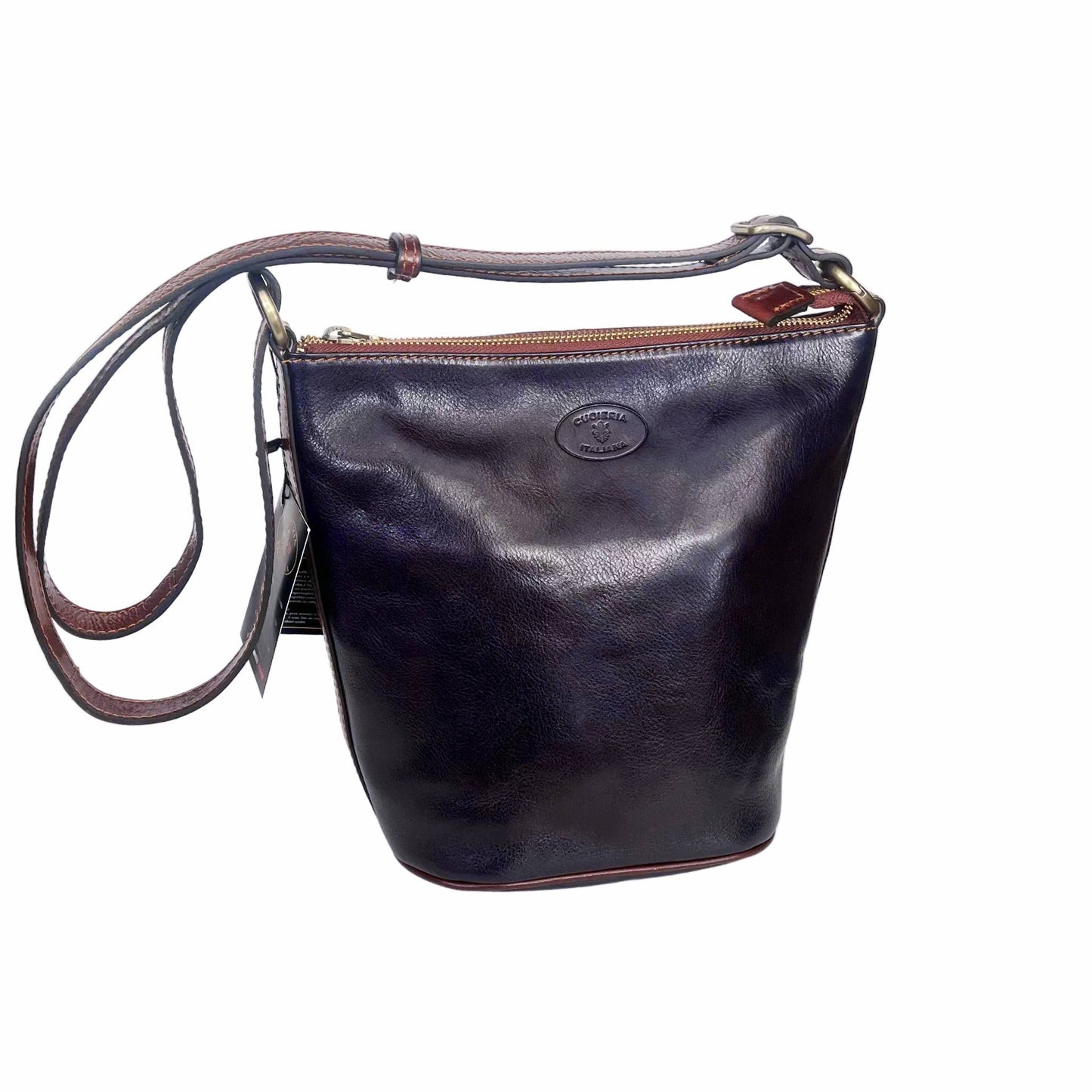 secchiello grande in pelle blue navy e marrone borsa a spalla made in italy cuoieria taliana