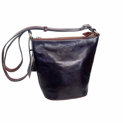 secchiello grande in pelle blue navy e marrone borsa a spalla made in italy cuoieria taliana