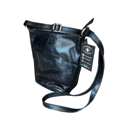 secchiello grande in pelle nero borsa a spalla made in italy cuoieria taliana