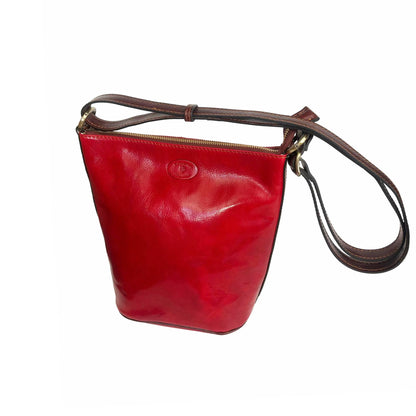 secchiello grande in pelle rosso e marrone borsa a spalla made in italy cuoieria taliana