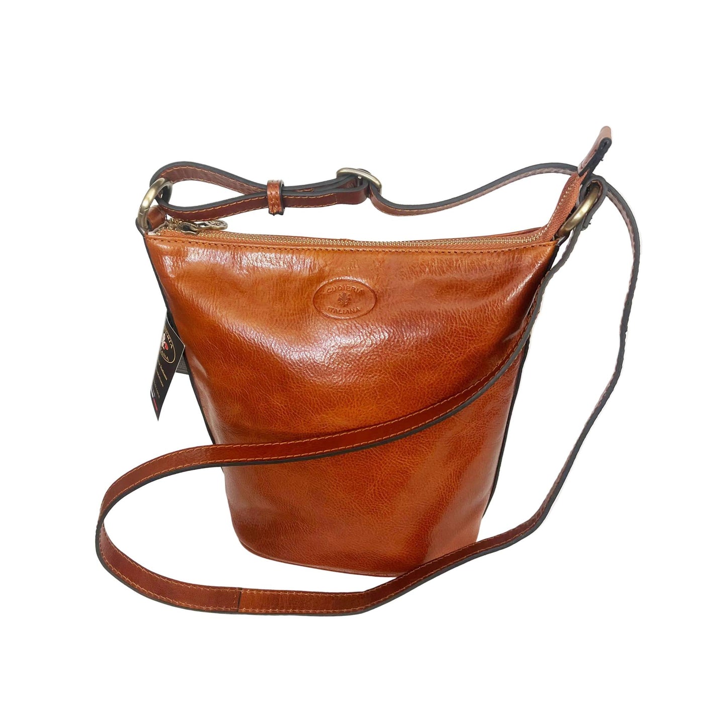 secchiello grande in pelle tinta cuoio naturale borsa a spalla made in italy cuoieria taliana