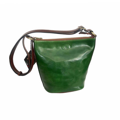 secchiello grande in pelle verde e marrone borsa a spalla made in italy cuoieria taliana