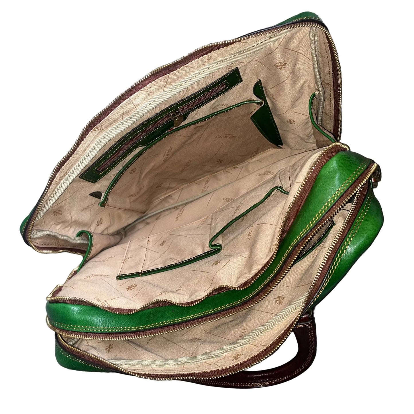 secondo scomparto tablet fenix cartella in pelle verde e marrone borsa porta computer a doppio scomparto made in Italy cuoieria italiana