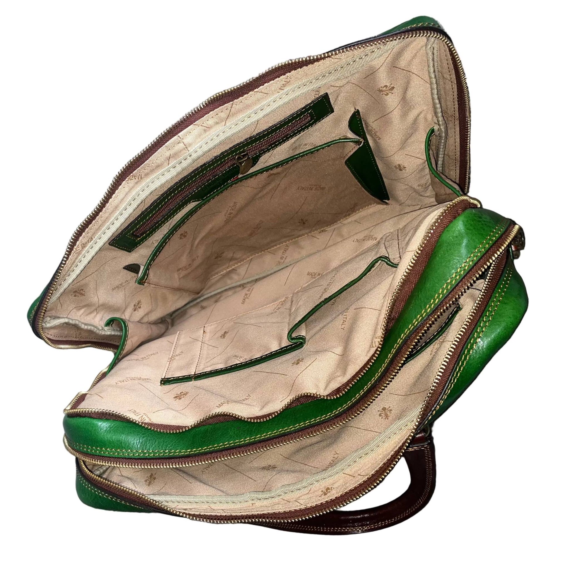 secondo scomparto tablet fenix cartella in pelle verde e marrone borsa porta computer a doppio scomparto made in Italy cuoieria italiana