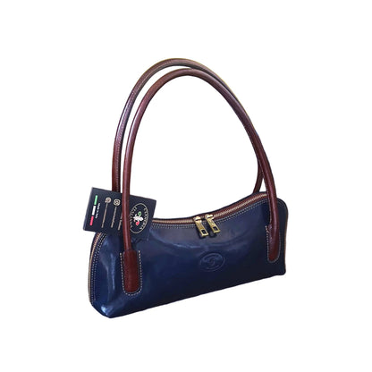 serena borsa elegante a spalla e mano in pelle blue navy e marrone borsetta in cuoio da donna artigianale made in italy cuoieria italiana