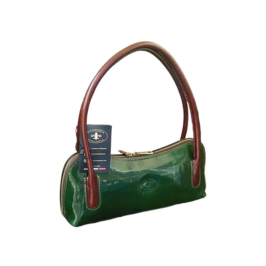 serena borsa elegante a spalla e mano in pelle verde e marrone borsetta in cuoio da donna artigianale made in italy cuoieria italiana