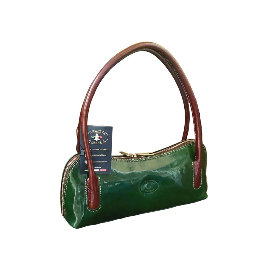 serena borsa elegante a spalla e mano in pelle verde e marrone borsetta in cuoio da donna artigianale made in italy cuoieria italiana