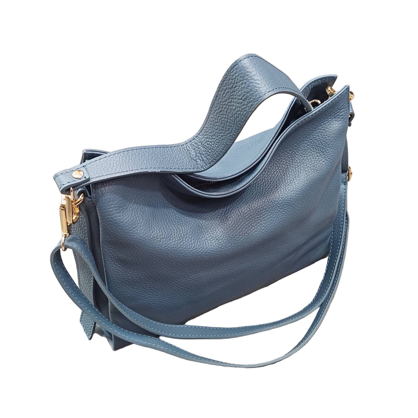 shopper in vitello martellato da donna borsa in pelle azzurro blue jeans made in italy cuoieria italiana