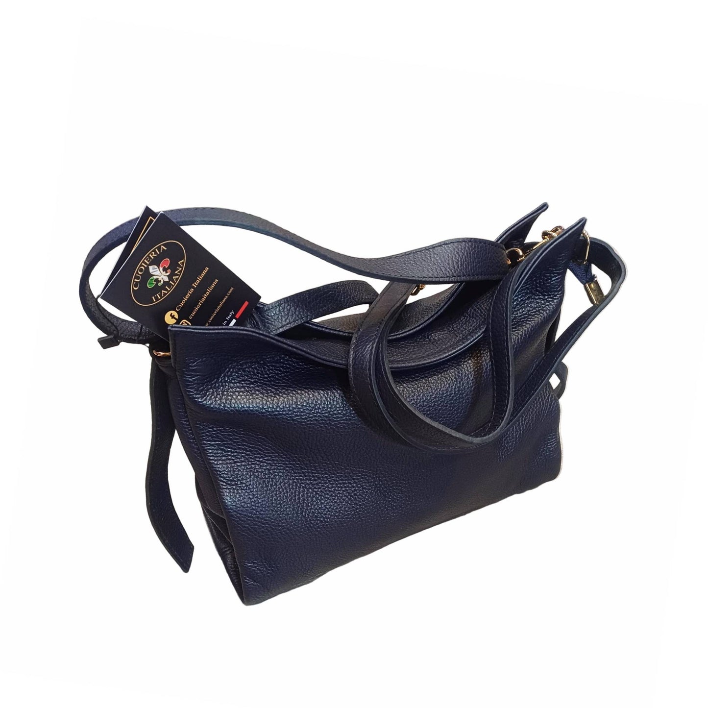 shopper in vitello martellato da donna borsa in pelle blu scuro made in italy cuoieria italiana