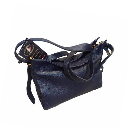 shopper in vitello martellato da donna borsa in pelle blu scuro made in italy cuoieria italiana