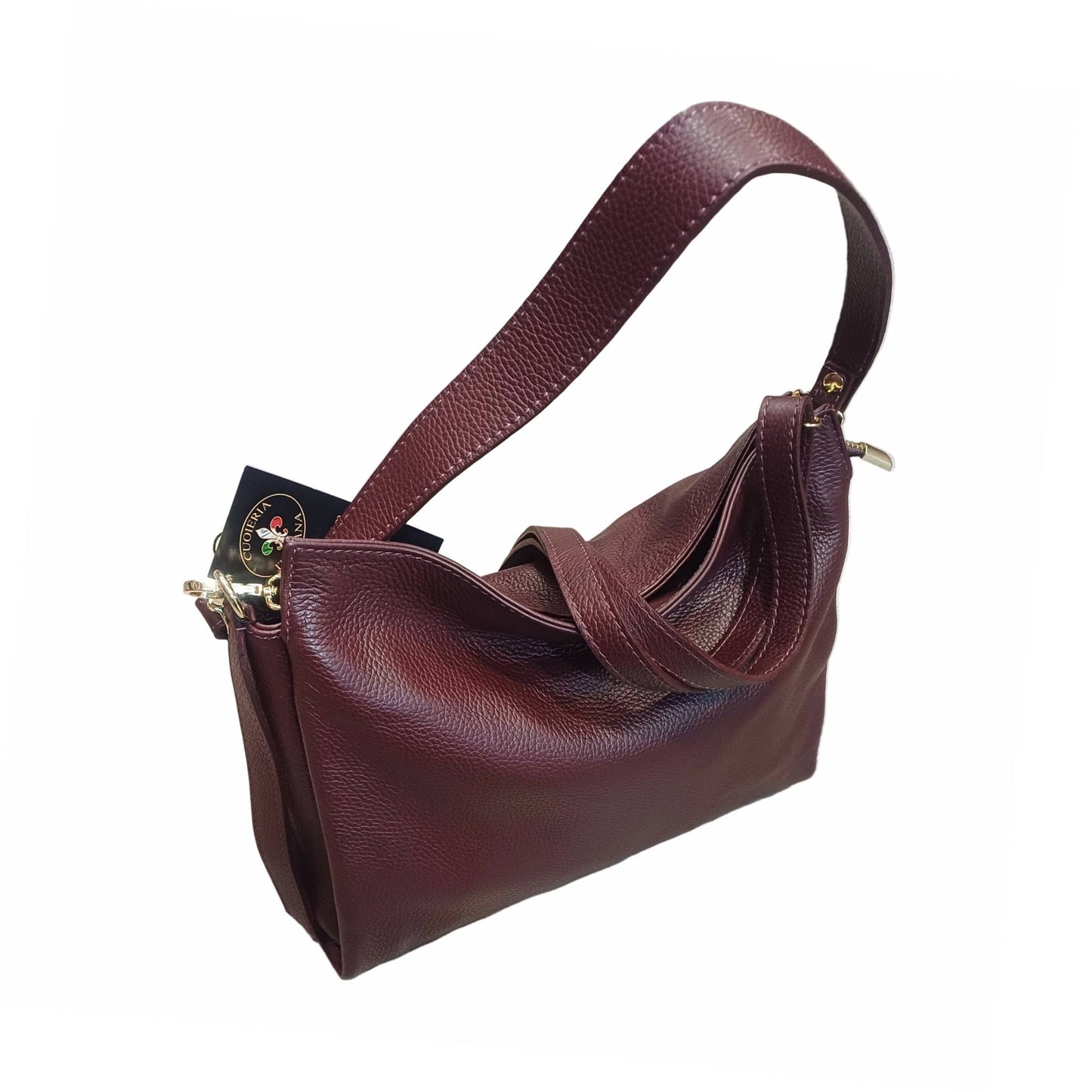 shopper in vitello martellato da donna borsa in pelle bordeaux scuro made in italy cuoieria italiana
