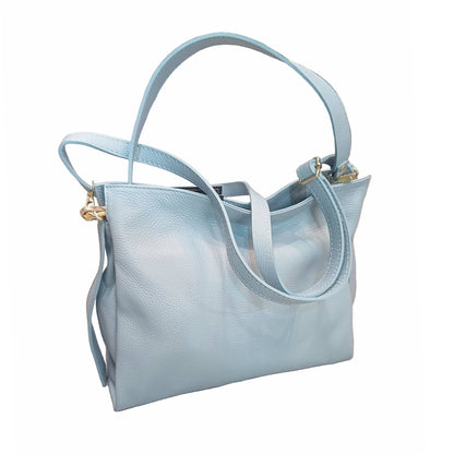 shopper in vitello martellato da donna borsa in pelle celeste made in italy cuoieria italiana