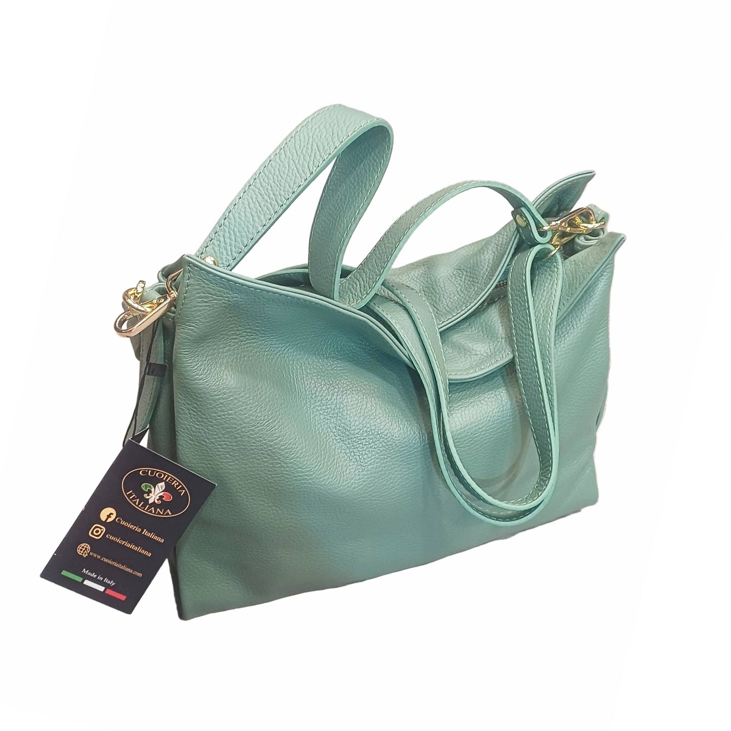 shopper in vitello martellato da donna borsa in pelle salvia verdeacqua made in italy cuoieria italiana