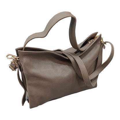 shopper in vitello martellato da donna borsa in pelle taupe scuro made in italy cuoieria italiana