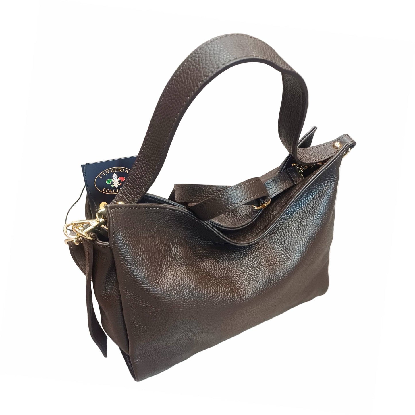 shopper in vitello martellato da donna borsa in pelle testa di moro made in italy cuoieria italiana