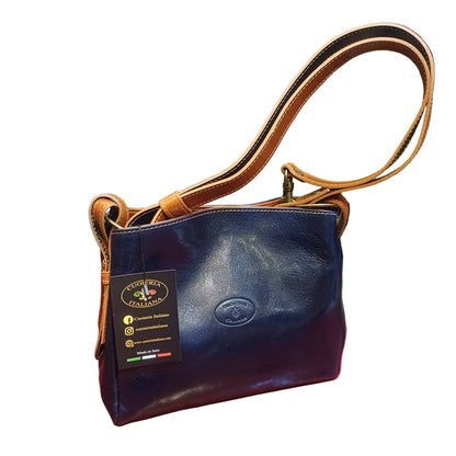 shopper piccola in cuoio blue navy e cuoio da donna borsa in pelle made in italy cuoieria italiana