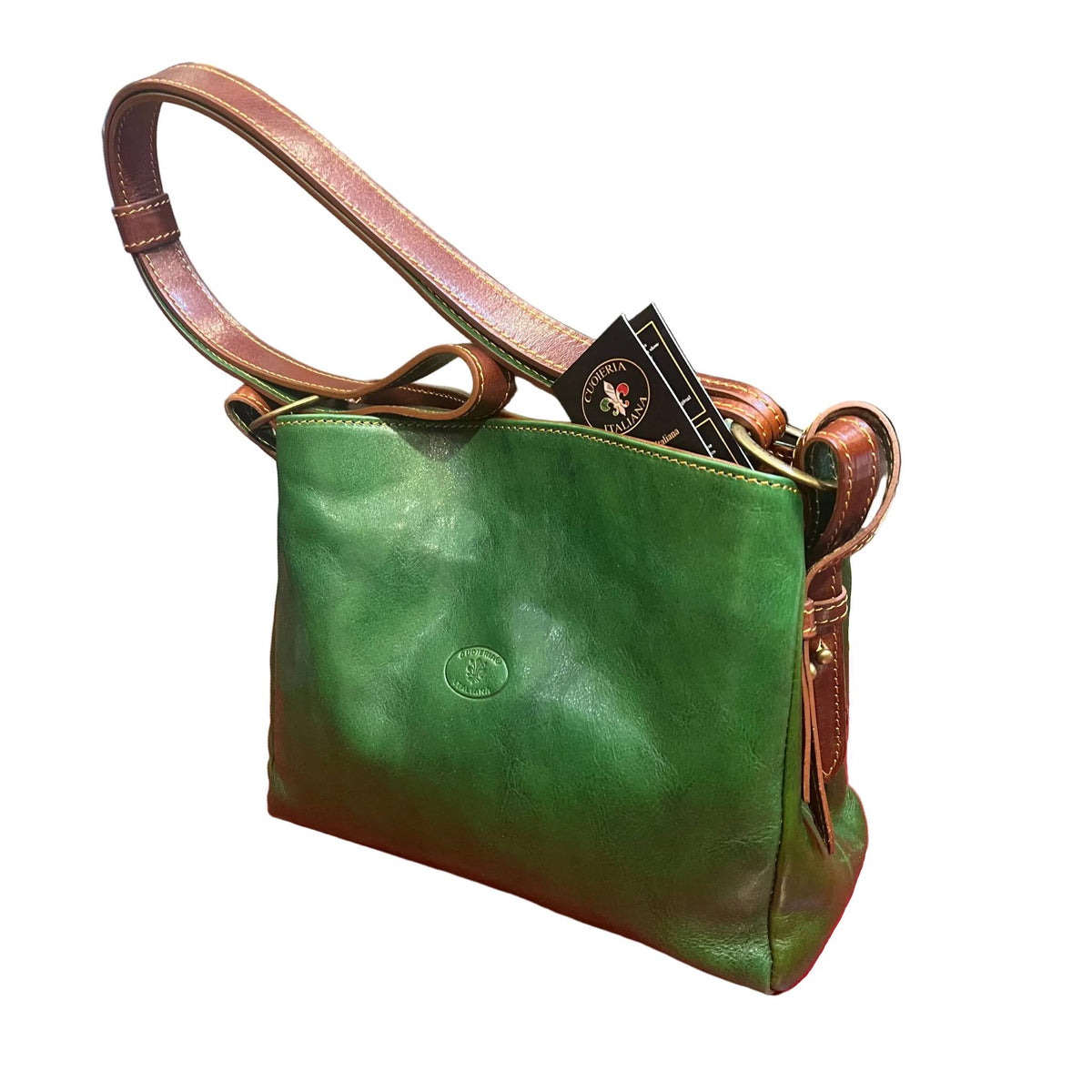 shopper piccola in cuoio da donna borsa in pelle verde e marrone fatta a mano made in italy cuoieria italiana®