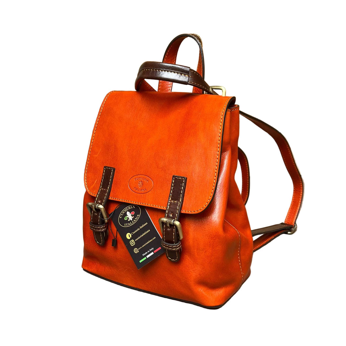 smart zaino compatto in pelle arancione e marrone borsa a tracolla in cuoio made in italy cuoieria italiana