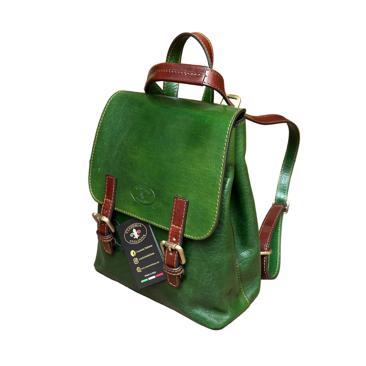 smart zaino compatto in pelle verde e marrone borsa a tracolla in cuoio made in italy cuoieria italiana