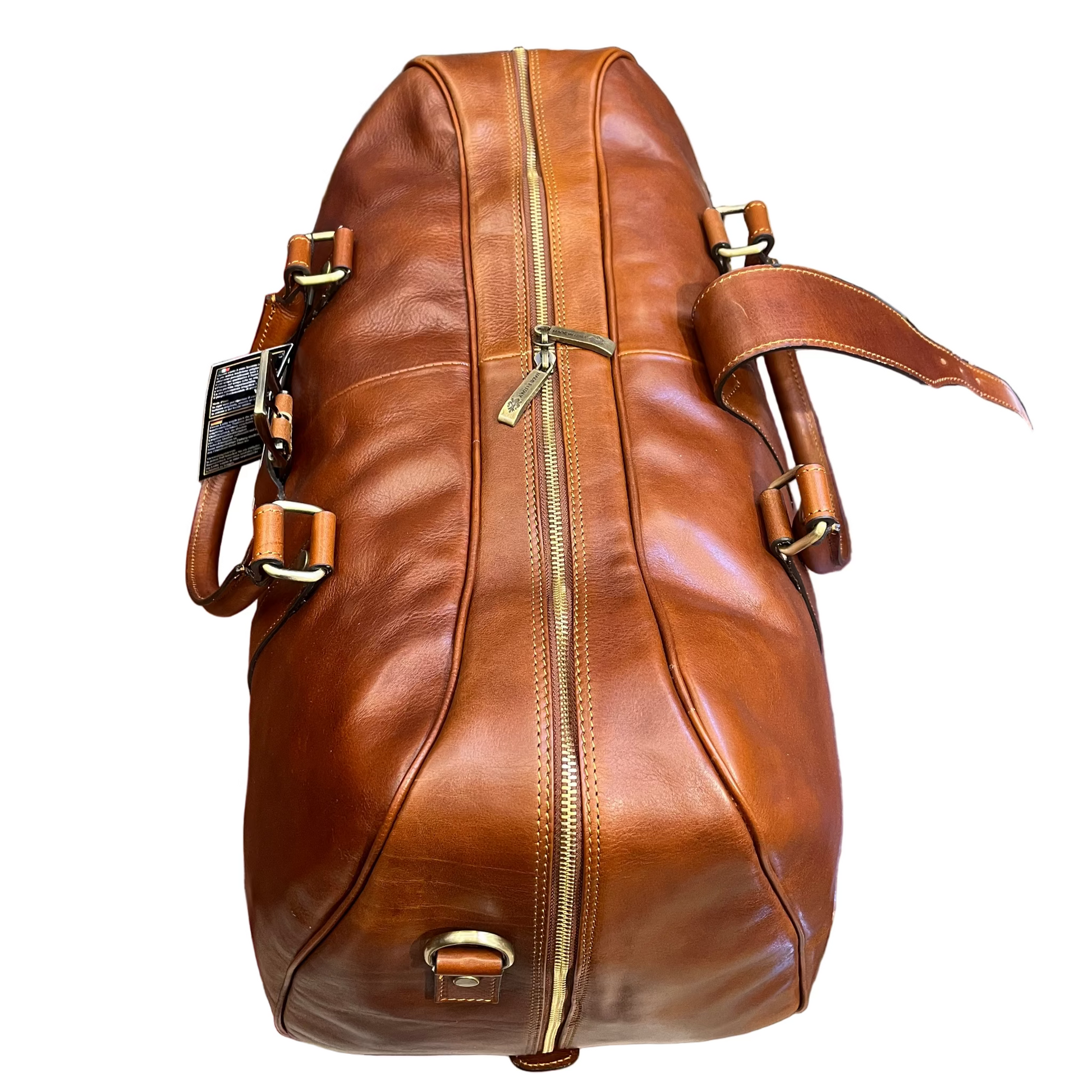 sopra aperto borsone in pelle cuoio naturale da bagaglio a mano borsa da viaggio artigianale e resistente made in italy cuoieria italiana
