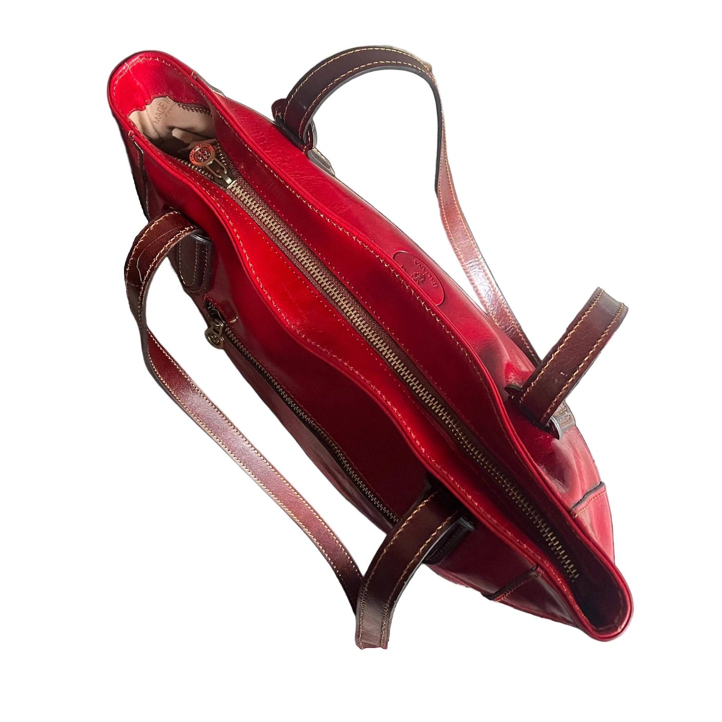 sopra artemis shopper in pelle rossa e marrone da donna porta computer borsa in cuoio made in italy cuoieria italiana