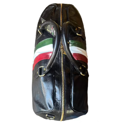 sopra borsone da viaggio in pelle nera con tricolore bagaglio a mano artigianale made in italy cuoieria italiana
