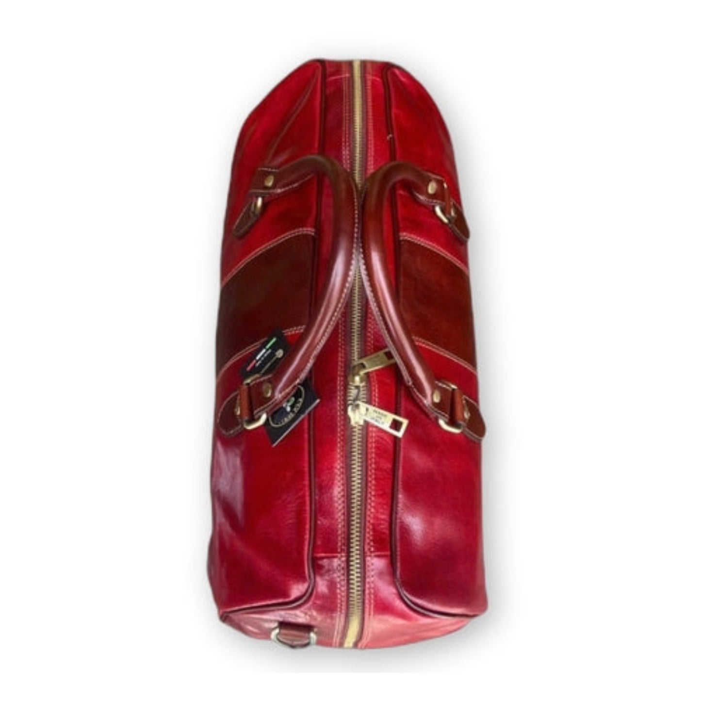 sopra borsone da viaggio in pelle rossa borsa da bagaglio a mano artigianale made in italy cuoieria italiana